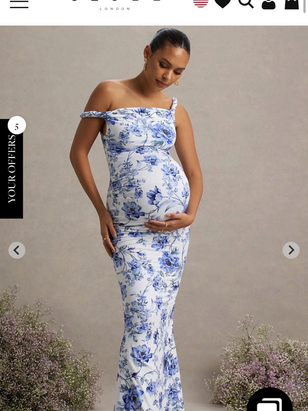 Club London Off-Shoulder Floral Maxi Dress in Blue and White